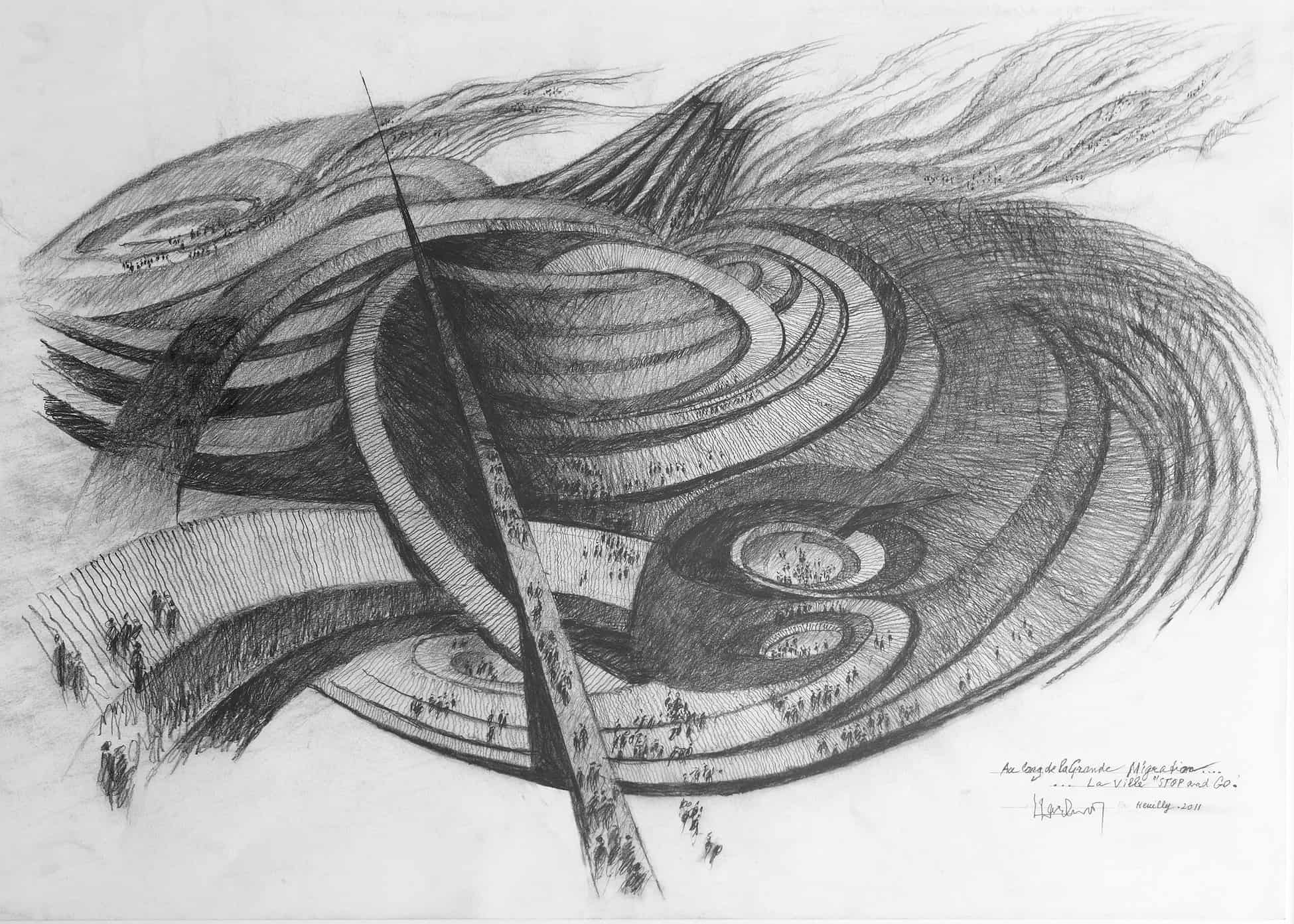 Claude Parent, Au long de la Grande Migration... La Ville STOP and GO, 50 x 65 cm, 2011, crayon sur papier, Courtesy Galerie 8+4
© Claude Parent